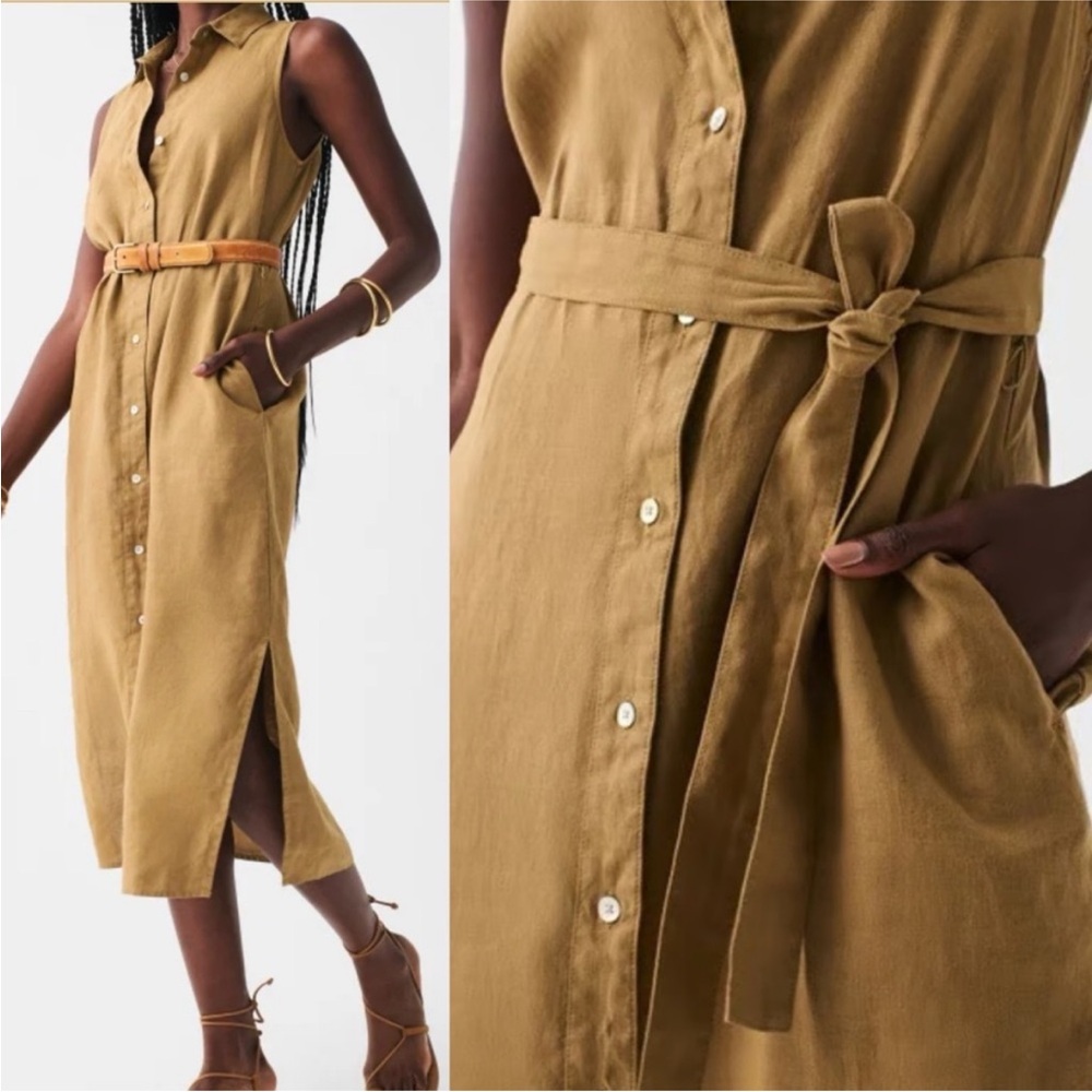 FAHERTY Linen Laguna Sleeveless Shirt Dress Sz M Dull Gold Neutral Midi Preppy - Picture 3 of 10